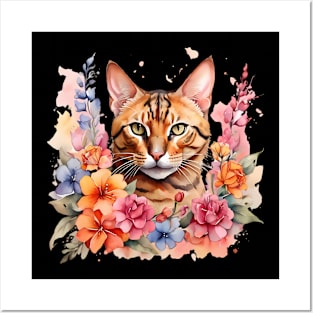 A bengal cat decorated with beautiful watercolor flowers Posters and Art